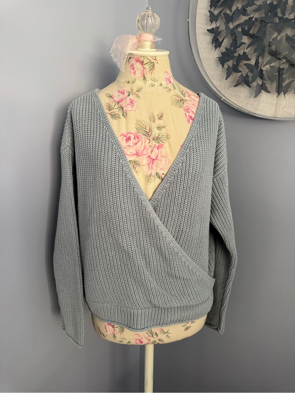 Jessica Simpson Soft Blue Knit Faux Wrap V-Neck Sweater